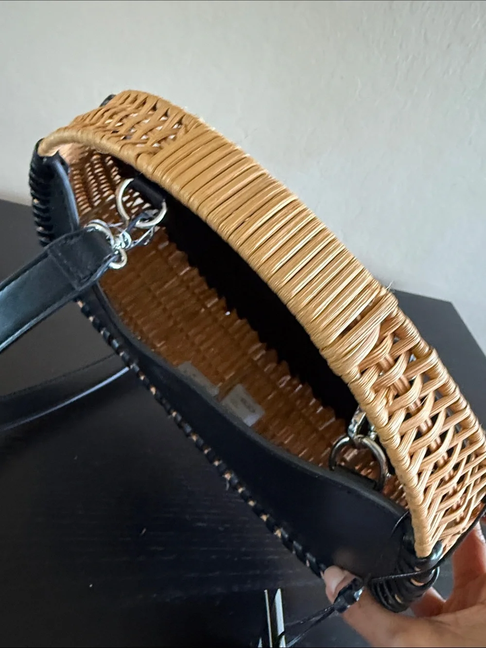 BCBG Black Wicker Whipstitch Handbag Faux Leather Rattan Crossbody Bag NWT